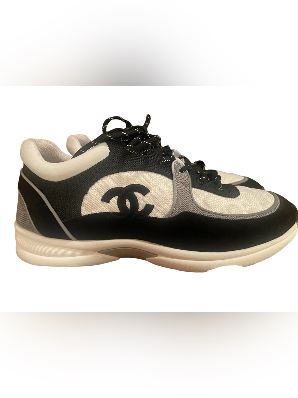 Chanel G33726 CC Logo Black White Mesh Suede Sneakers Shoes Men’s EU 45 US 12